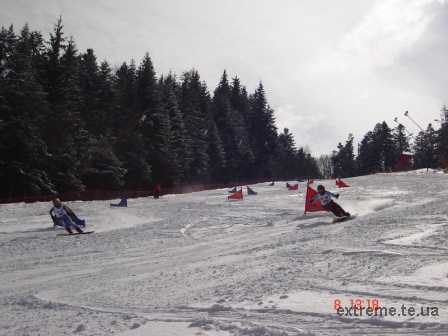 Фінальний старт на змаганнях з сноубордингу в паралельному слаломі в Румунії. На трасі Чундак Анна-Марі (Ужгород) та Гречин Галина (Тернопіль)