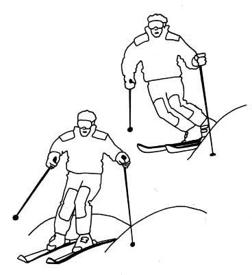 Притормозивши на передньому схилі бугра, переміщайте бедра вперед і в сторону через лижі, направляючи носки лиж в ложбинку і звільняючи канти.